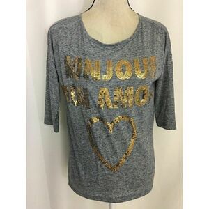 Reserved Womens Gray Gold Sequin Bonjour Mon Amour Heart Long Sleeve Top Small